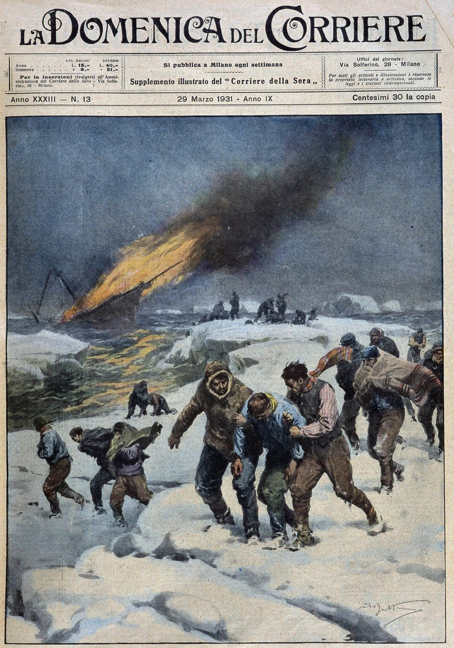 捕鯨船 "Viking "の爆発後、救助を求める乗組員の悲劇的な行進：この船（炎の中の水底）は映画のような探検をした-1931年3月29日の "la Domenica del Corriere "でのA.Beltrameによる評価 作： アキレ・ベルトラーメ