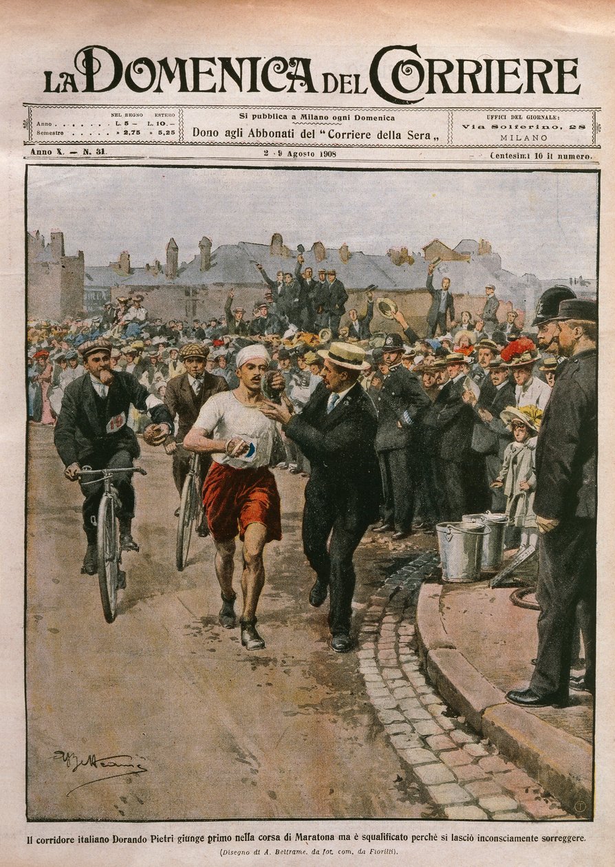 ドランド・ピエトリ（1885-1942）のマラソンでの到着（ロンドンオリンピック）、イラスト：Achille Beltrame（「La Domenica del Corriere」8月2-9日号より 作： アキレ・ベルトラーメ