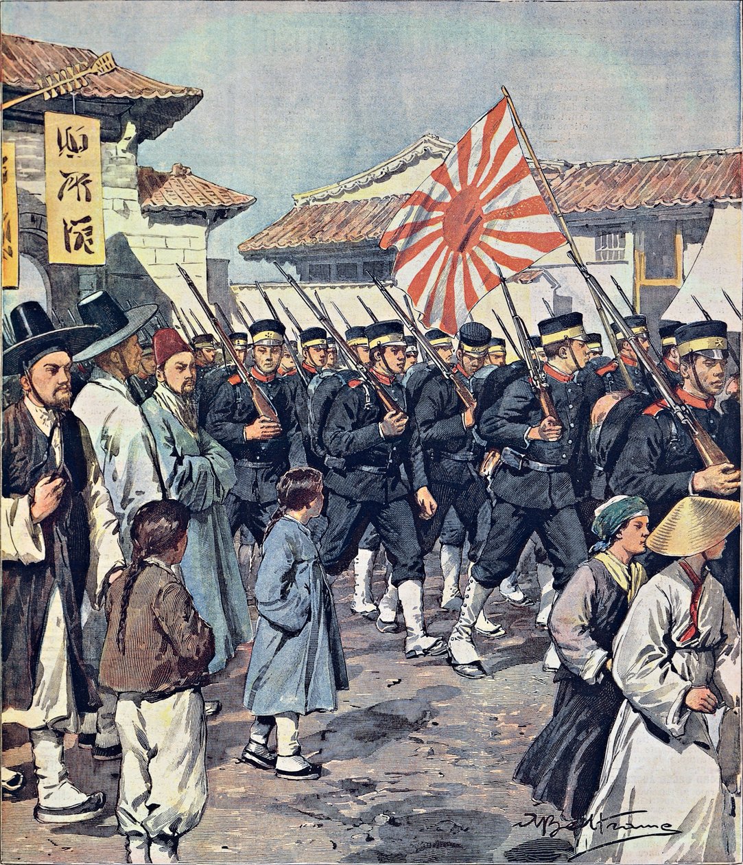 朝鮮半島への日本軍の到着、Achille Beltrame（1871-1945）作、「La Domenica del Corriere」2月21日付のイラスト 作： アキレ・ベルトラーメ