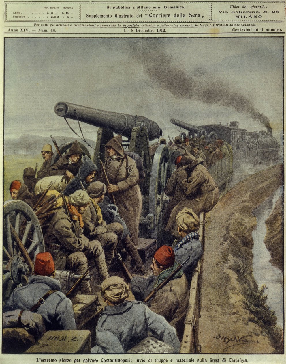 バルカン戦争（1912-1913）、コンスタンティノープルを救うための最後の努力として、兵員と物資をシアファルダ線に送る、12月1日 作： アキレ・ベルトラーメ