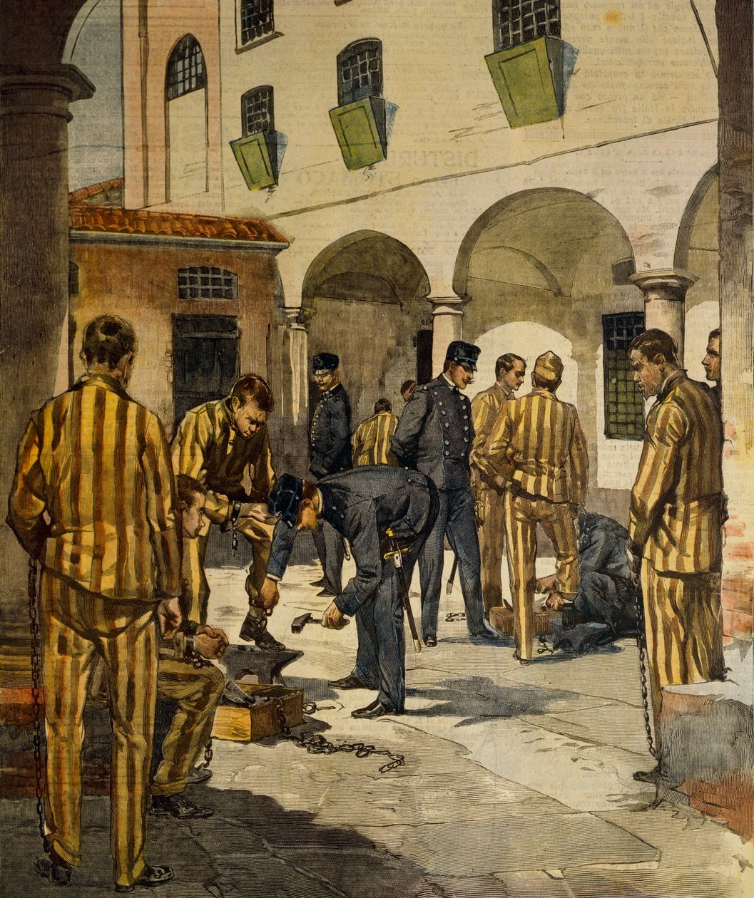 市民改革：イタリアの刑務所における鎖の廃止」（Achille Beltrame（1871-1945）著、1902年10月3日付「La Domenica del Corriere」より 作： アキレ・ベルトラーメ