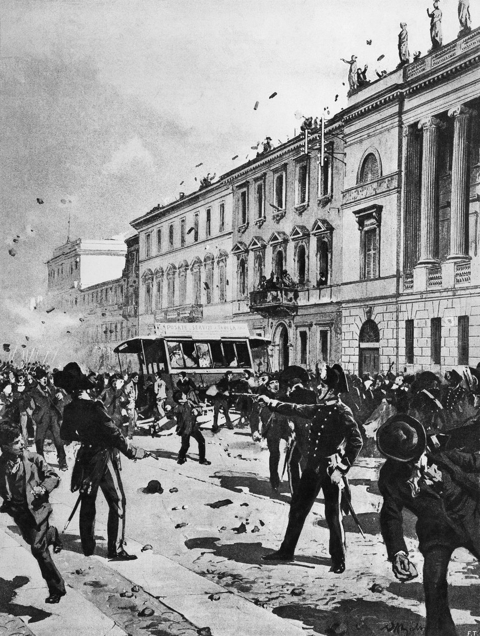 5月7日、ミラノのCorso Venezia、Palazzo Saporiti前でのデモ隊と警察の衝突。 作： アキレ・ベルトラーメ