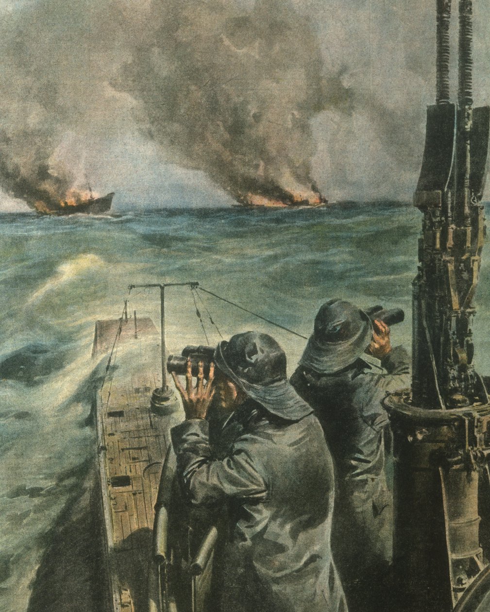 第二次世界大戦中、西アフリカ沿岸で魚雷攻撃を受ける英米の蒸気船の表紙イラスト 作： アキレ・ベルトラーメ