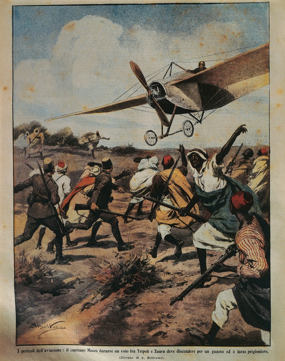 1912年9月22日付「La Domenica del Corriere」に掲載されたAchille Beltrame（1871-1945）によるアフリカキャンペーンで不時着を試みるMoizo大尉の表紙イラスト。 作： アキレ・ベルトラーメ