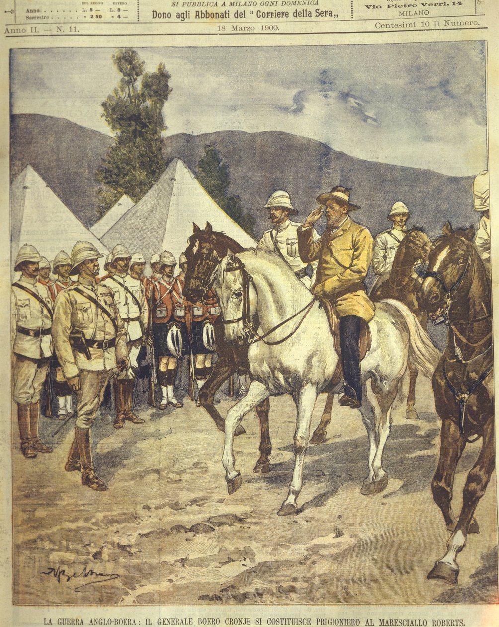 1850年から1902年のアングロ・ズールー戦争とアングロ・ボーア戦争で、ロバーツ元帥に降伏するクロニェ将軍の表紙イラスト。 作： アキレ・ベルトラーメ