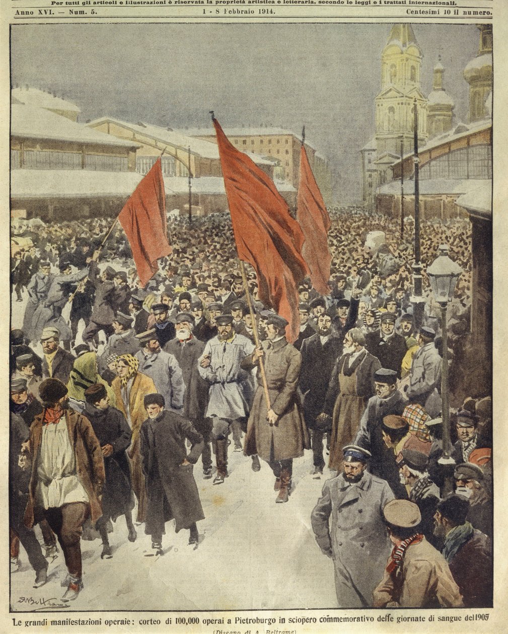 1905年の「血の日曜日」を記念して行進する10万人の労働者の表紙イラスト（ロシア・サンクトペテルブルク 作： アキレ・ベルトラーメ