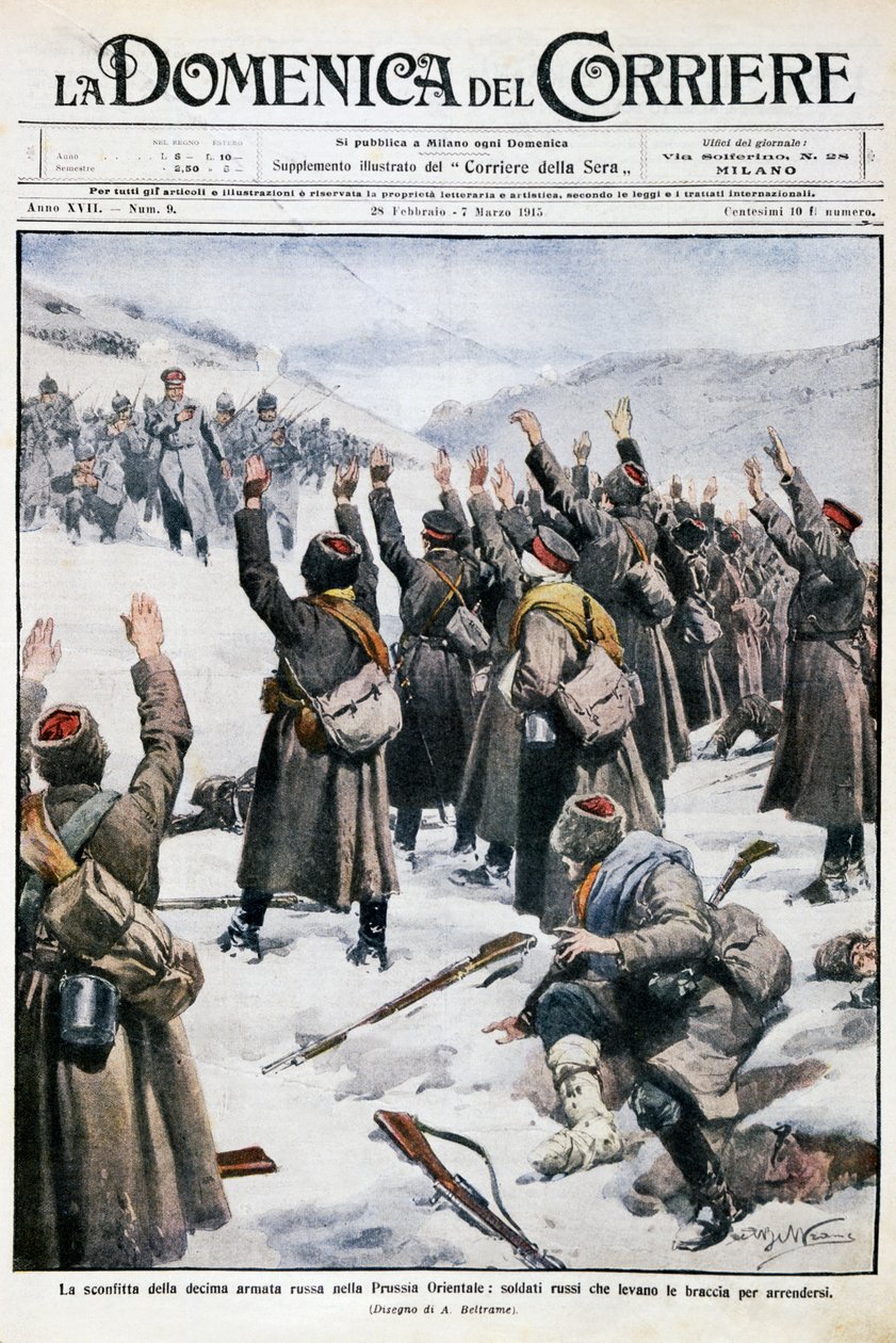 東プロイセンにおける第10ロシア軍の敗北。腕を上げて降伏するロシア兵（Achille Beltrame（1871-1945）作、1915年2月28日〜3月7日のLa Domenica del Corriereより引用 作： アキレ・ベルトラーメ