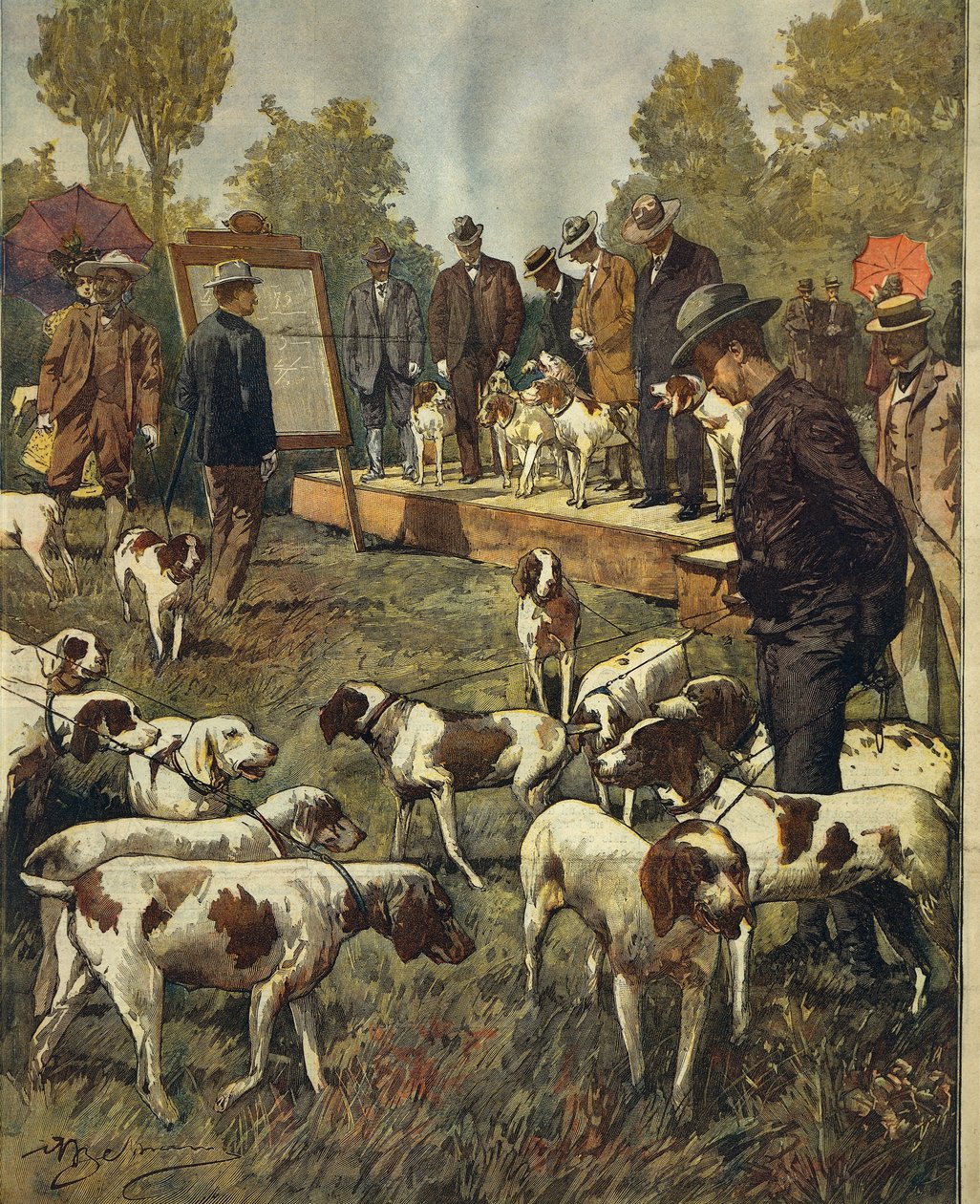 サン・シーロ（ミラノ）で行われた狩猟犬のドッグショーとフィールドトライアル、Achille Beltrame（1871-1945）作、1899年7月2日のLa Domenica del Corriereより。 作： アキレ・ベルトラーメ