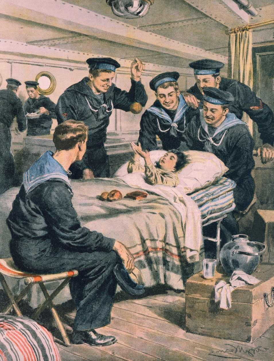 メッシーナの地震、廃墟から海軍に助けられ、船で運ばれる子供、イラストレーター、Achille Beltrame（1871-1945）作、1908年12月28日付「La Domenica del Corriere」より。 作： アキレ・ベルトラーメ
