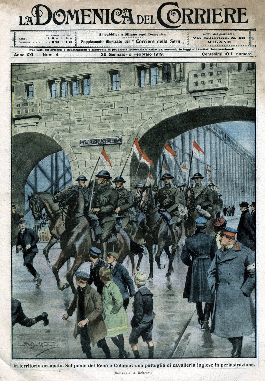 ドイツにおけるイギリスのプレゼンス：ケルンのライン川の橋の上にいる軍人たち。ベルトラメのイラスト。La Domenica del Corriere.01/1919. 作： アキレ・ベルトラーメ