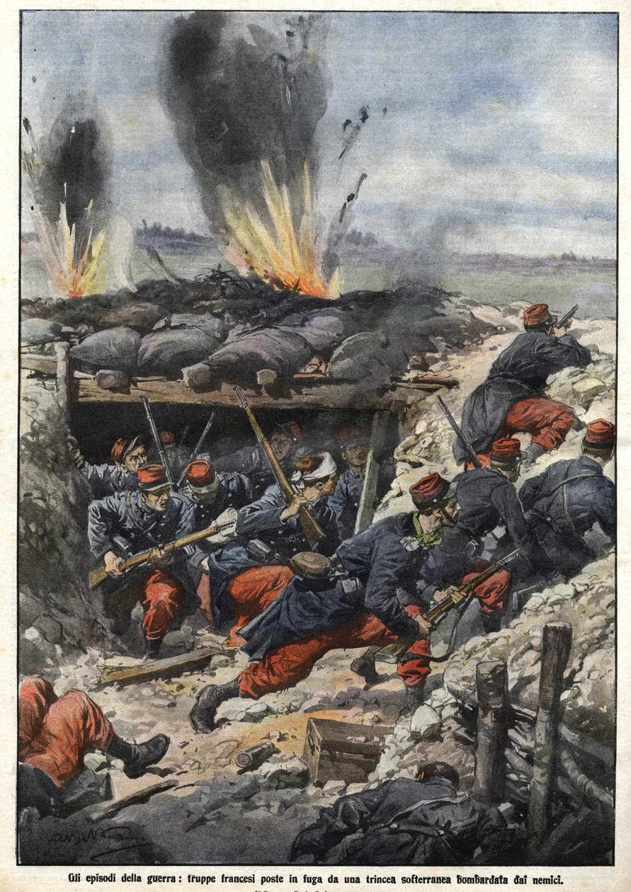 1914年の戦争のエピソード。塹壕の中のフランス軍が敵の爆撃を受ける。"La Domenica del Corriere" 作： アキレ・ベルトラーメ
