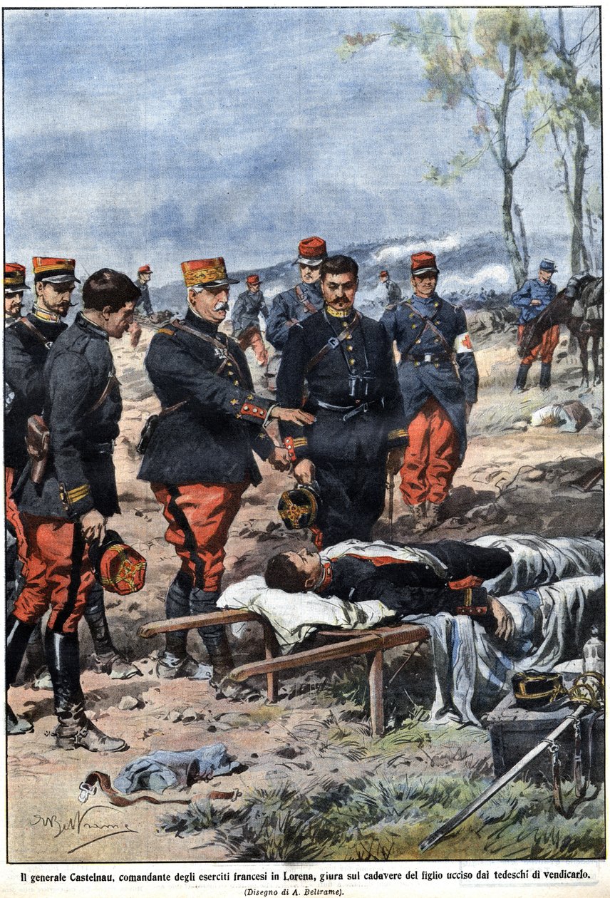 1914年の戦争のエピソード。ロレーヌ地方のフランス軍司令官、ノエル・エドゥアール・ド・キュリエス・ド・カステルナウ将軍（1851-1944）は、死んだ息子の遺体に復讐を誓う。イラスト：Achille Beltrame "La Domenica del Corriere "より 作： アキレ・ベルトラーメ