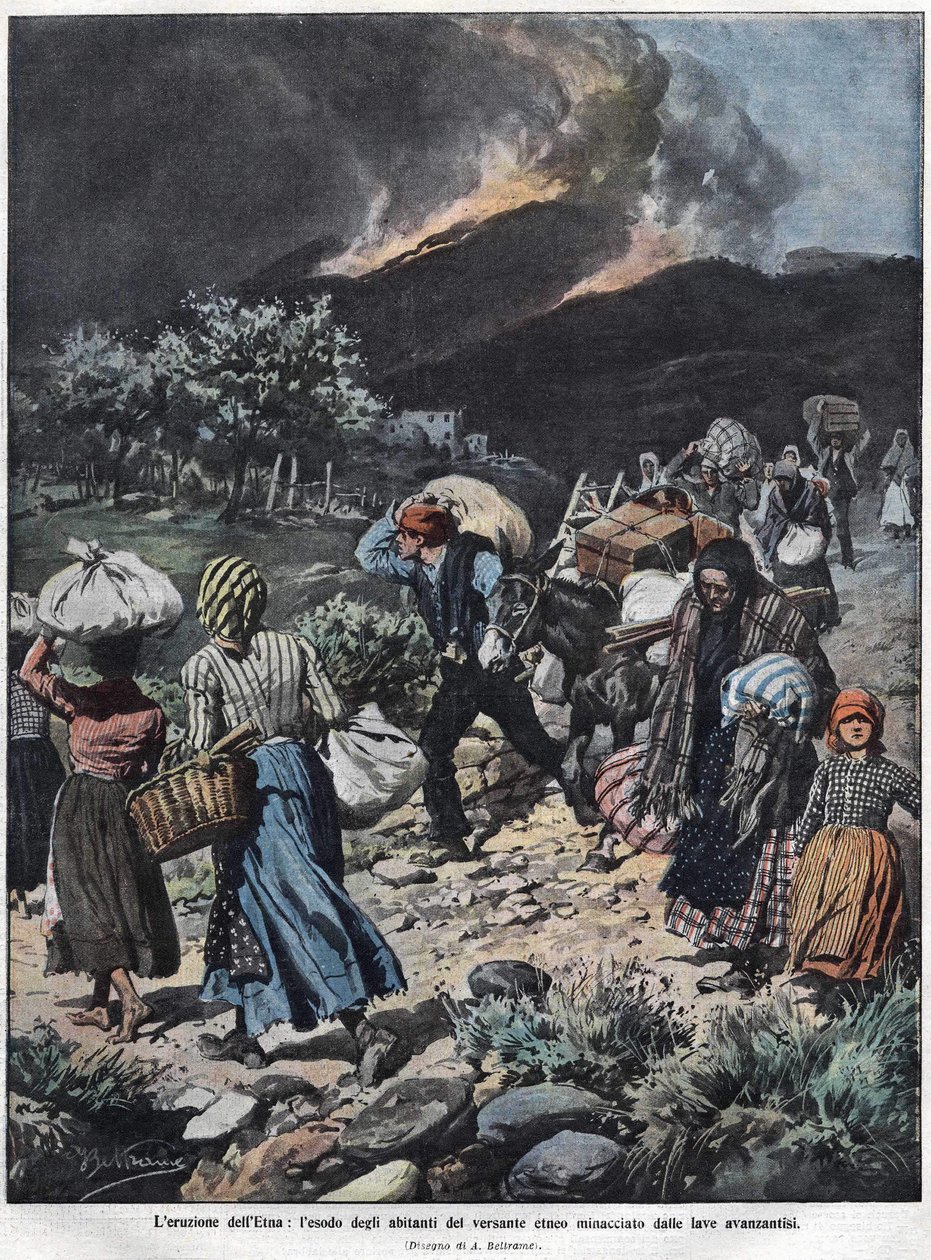 1910年のエトナ火山の噴火。アキレス・ベルトラメのイラスト。 作： アキレ・ベルトラーメ