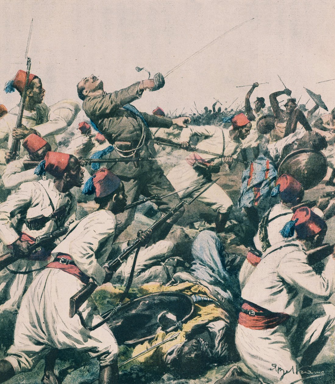 エチオピア軍によるリュウの守備隊への攻撃とボンジョバンニ大尉の殺害（イラスト、Achille Beltrame（1871-1945）、『La Domenica del Corriere』より）。 作： アキレ・ベルトラーメ