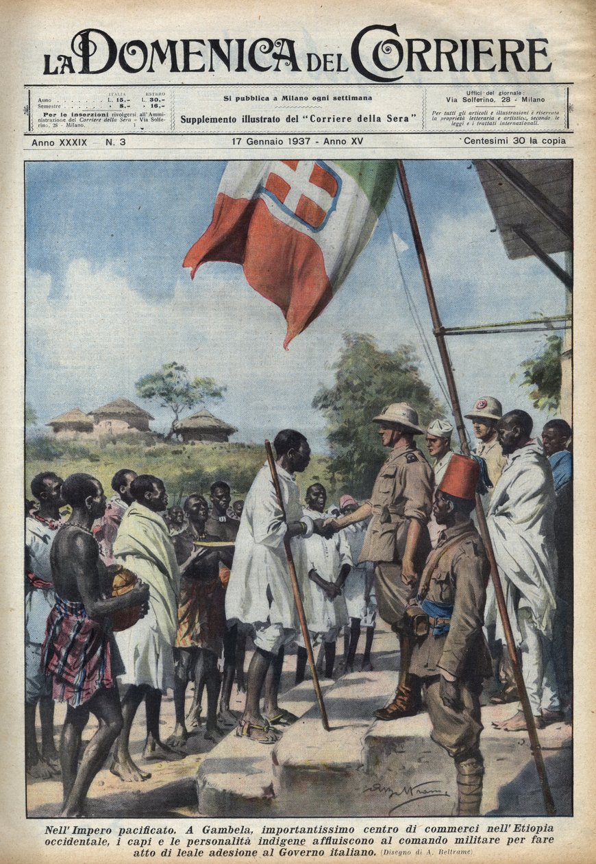 1937年のファシズム。エチオピア帝国の貿易の中心地であるガンベラで、イタリア政府への加盟を目的とした先住民族の首長や著名人の会合。17-01-19「La domenica del corriere」に掲載されたAchille Beltrameのイラスト 作： アキレ・ベルトラーメ