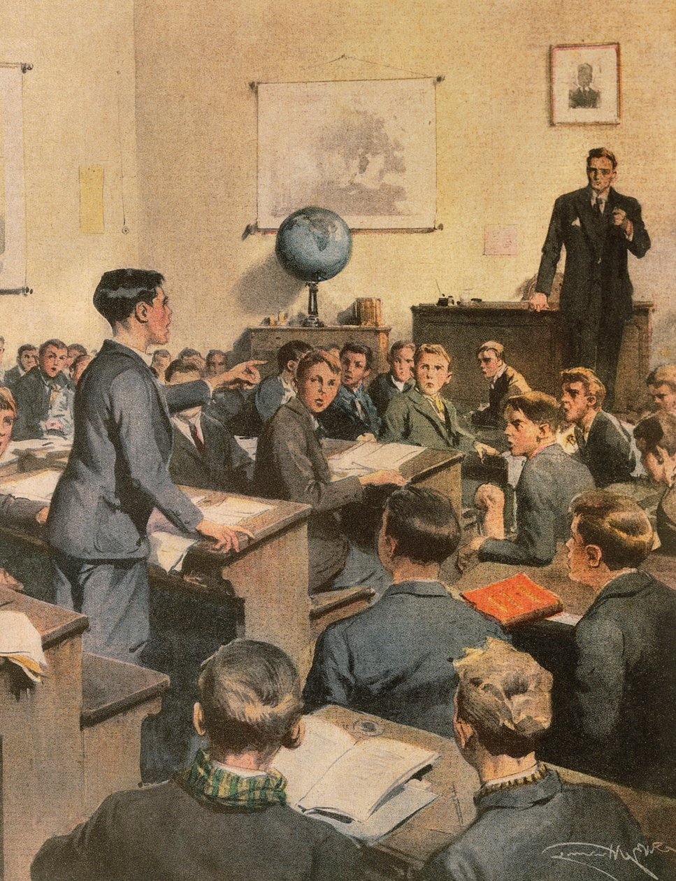 識字率との闘い、学校に通う子どもたち イラストレーター アキレ・ベルトラメ（1871-1945）『ラ・ドメニカ・デル・コリエール』より 作： アキレ・ベルトラーメ