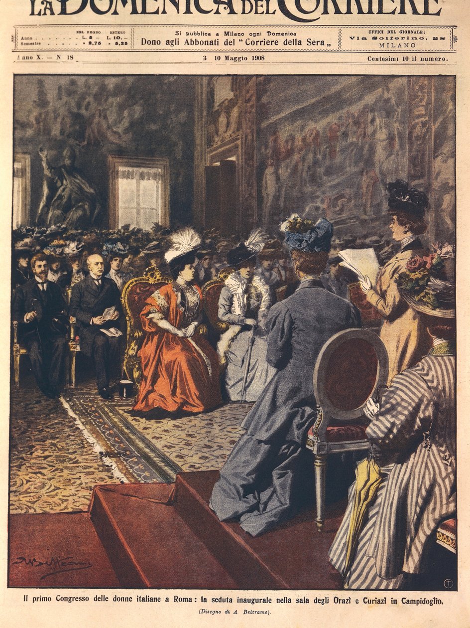 ローマの議事堂で開催されたイタリア初の女性会議、イラストはAchille Beltrame、5月3日の「La Domenica del Corriere」より。 作： アキレ・ベルトラーメ