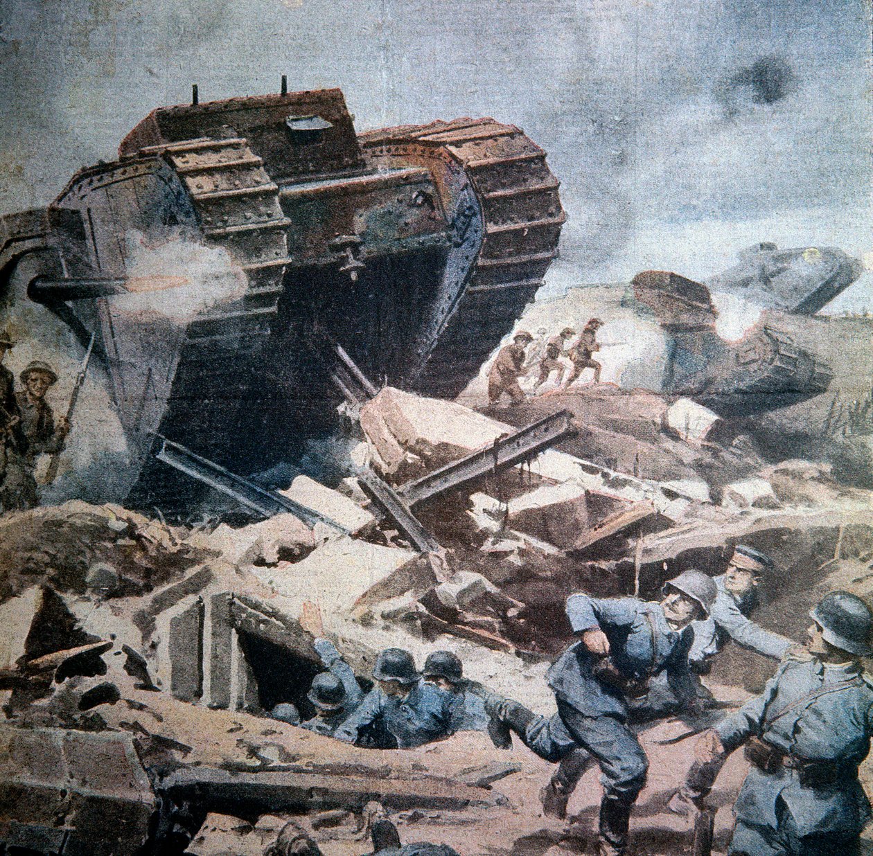 第一次世界大戦（1914-1918）。"Assaults of English tanks in Picardy" La Domenica del Corriere 1916よりアキレスのベルトレームのイラスト 作： アキレ・ベルトラーメ