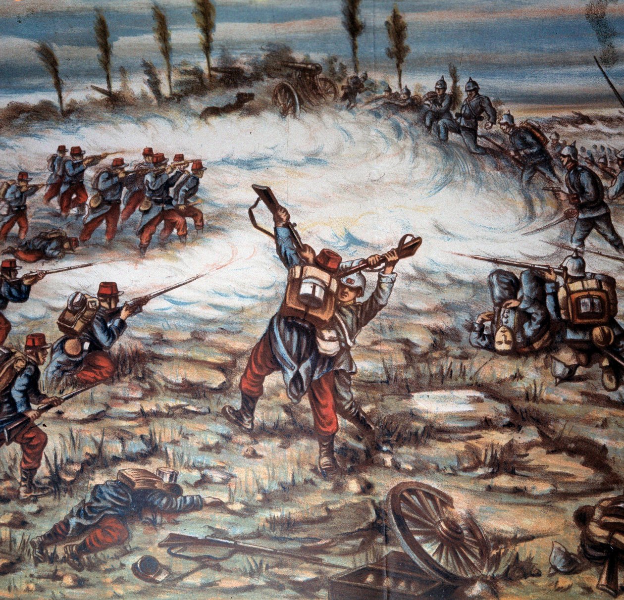 第一次世界大戦（1914-1918）：1914年8月21日、AltkirchとMulhouseの間で行われたフランス軍とドイツ軍の戦闘。Achille Beltrame（1871-1945）によるイラスト。個人蔵 作： アキレ・ベルトラーメ