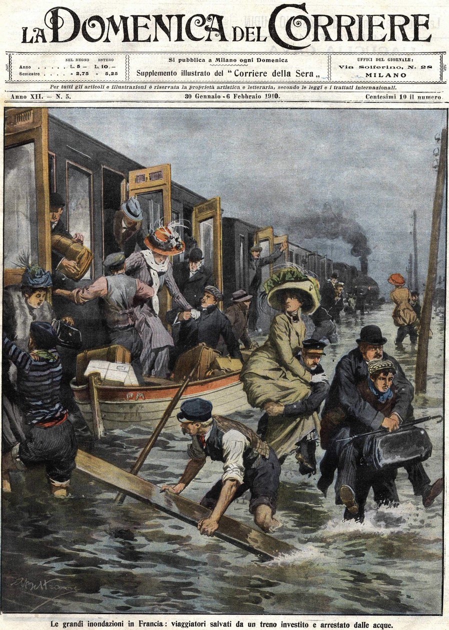 1910年1月のパリ周辺の洪水 2月6日の「ドメニカ・デル・コリエール」の表紙 作： アキレ・ベルトラーメ