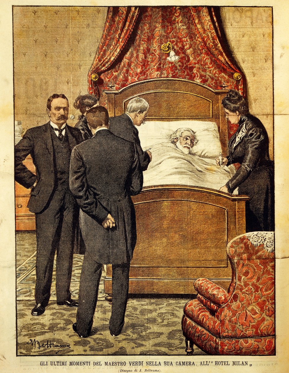 瀕死のジュゼッペ・ヴェルディ（1813-1901）、アキレ・ベルトラーメ（1871-1945）のイラスト。イタリア、20世紀 作： アキレ・ベルトラーメ