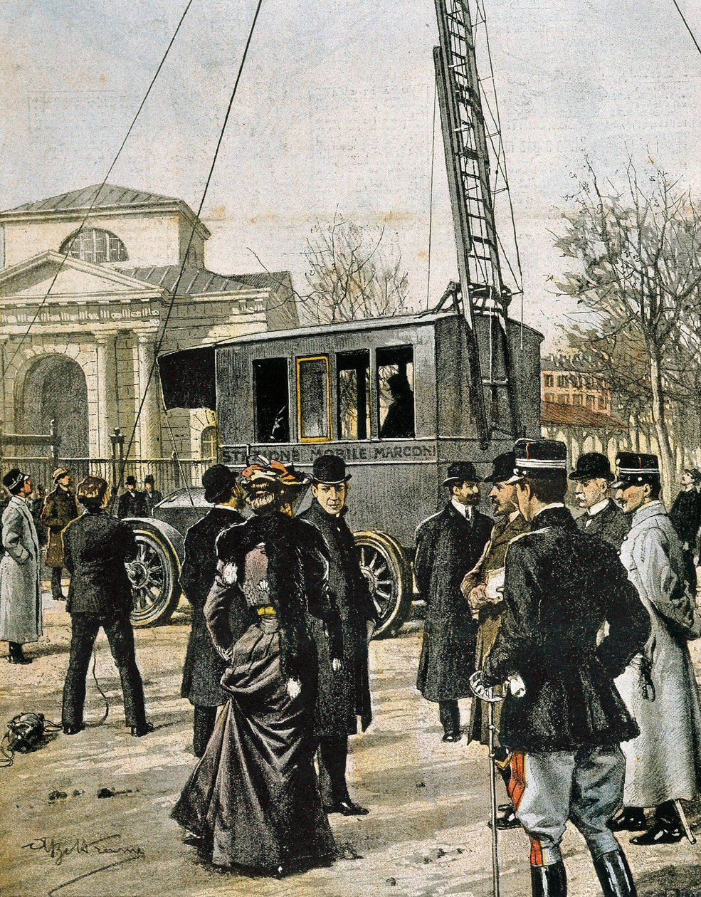 ミラノで最初の無線移動局（Stazione Radio Mobile）のテストを手伝うグリエルモ・マルコーニ。Domenica del Corriere"(1906年)のためにAchille Beltrameが描いたイラスト。エングレービング。 作： アキレ・ベルトラーメ