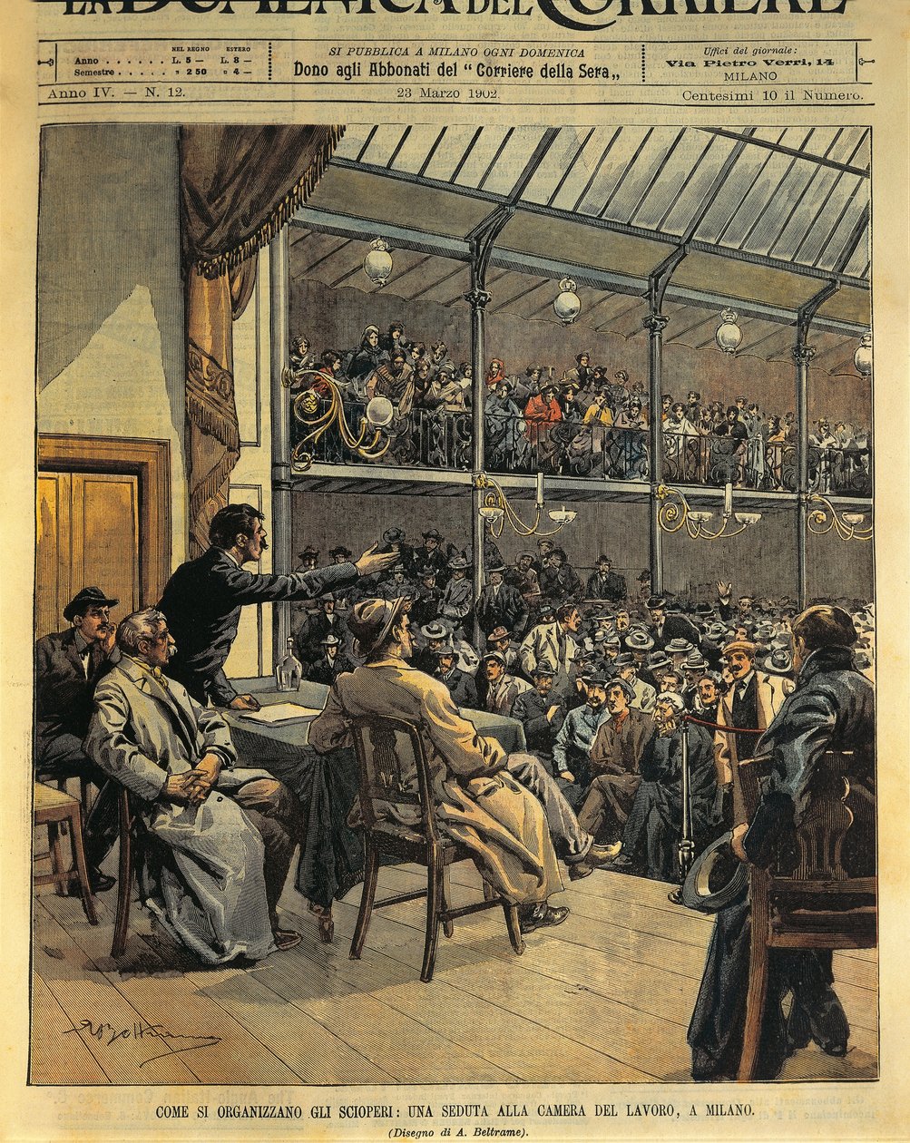 ストライキの組織方法（ミラノの労働会議所のセッション）、イラスト：Achille Beltrame（ラ・ドメニカ・デル・コリエレ、3月23日より 作： アキレ・ベルトラーメ