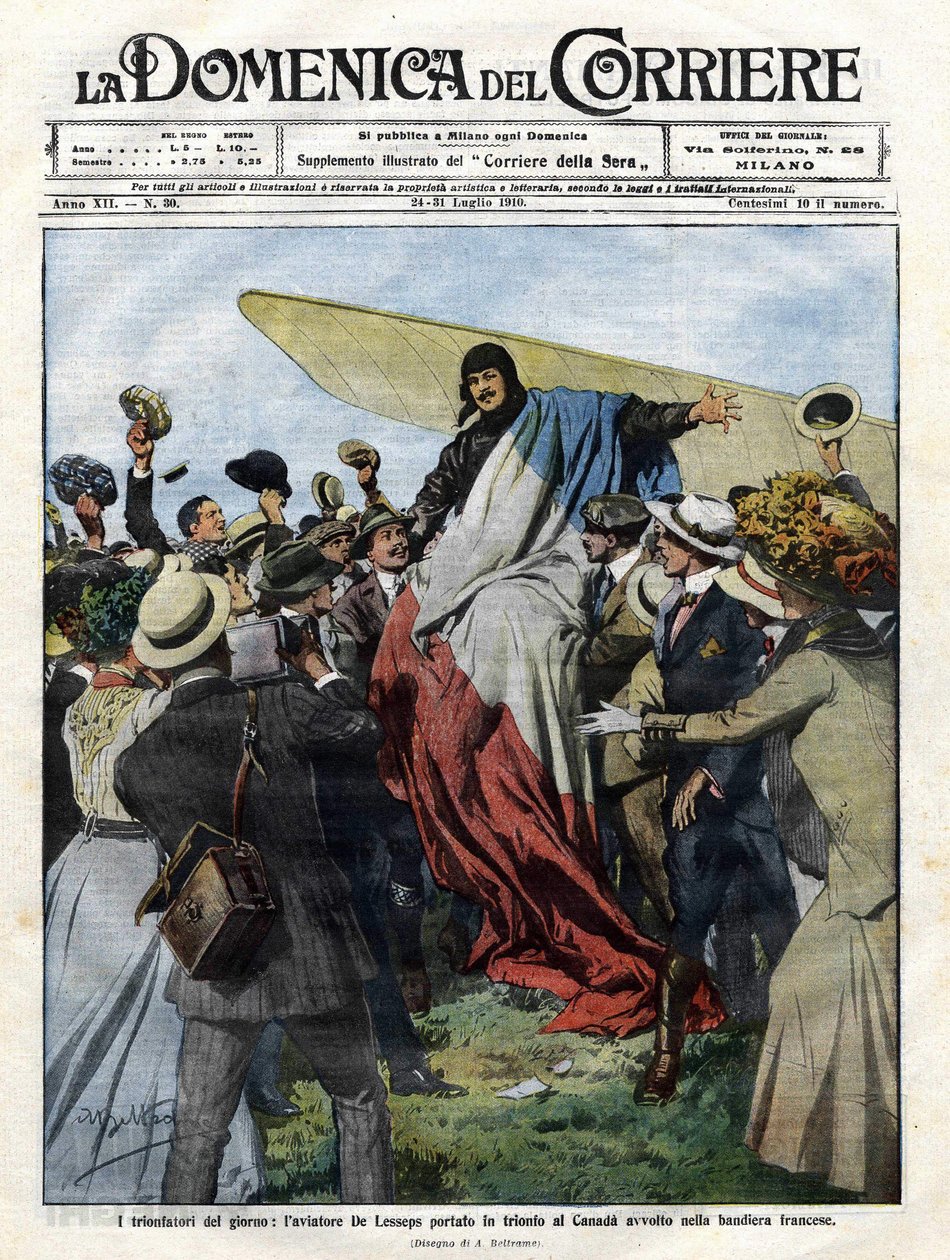 1910年、カナダに到着したジャック・ドゥ・レセップス（1883-1927）。7月24日付「Domenica del Corriere」に掲載されたAchille Beltrameのイラスト。 作： アキレ・ベルトラーメ