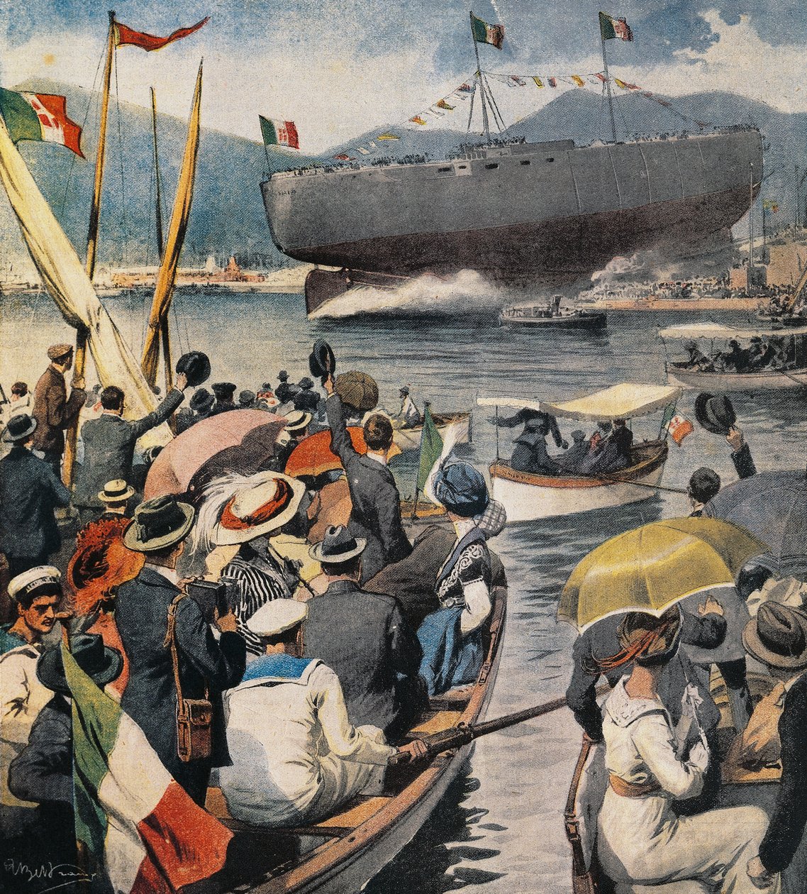 ラ・スペツィアのアルセナーレからの戦艦アンドレア・ドーリアの進水、Achille Beltrame（1871-1945）のパネル、ラ・ドメニカ・デル・コリエレ、4月6日 作： アキレ・ベルトラーメ