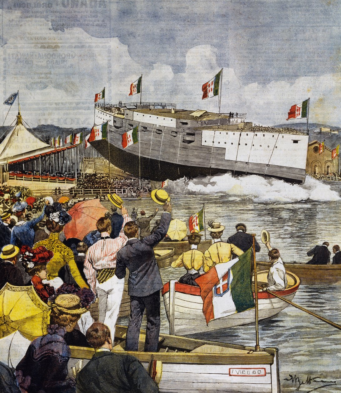 ラ・スペツィアでの戦艦レジーナ・マルゲリータの進水式、Achille Beltrame（1871-1945）のパネル、ラ・ドメニカ・デル・コリエール、6月9日 作： アキレ・ベルトラーメ