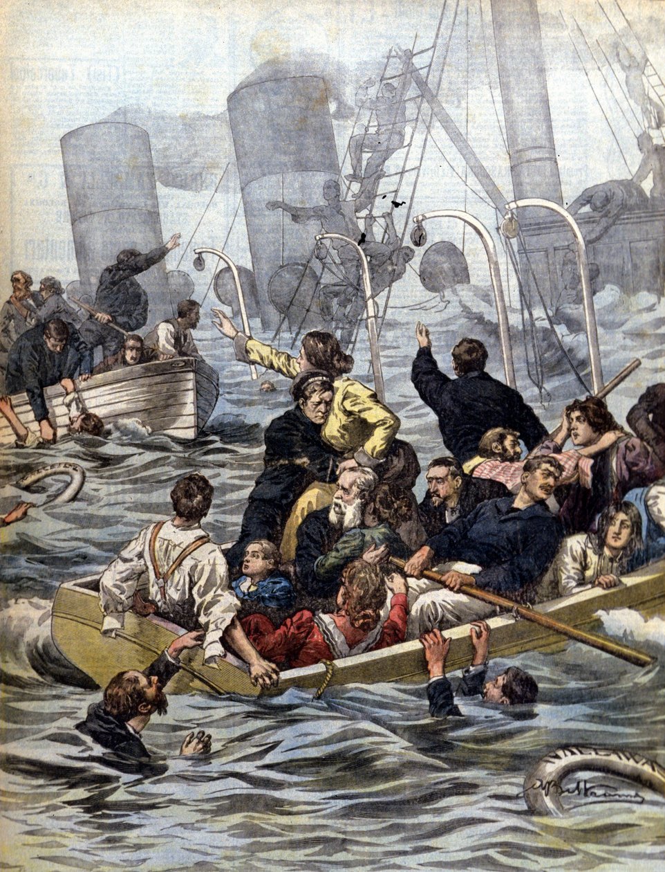海のドラマ：クロンダイクの金鉱探しの人々を乗せた蒸気船ワラワラ号の沈没。イラスト：ベルトラメLa Domenica del corriere.1902 作： アキレ・ベルトラーメ