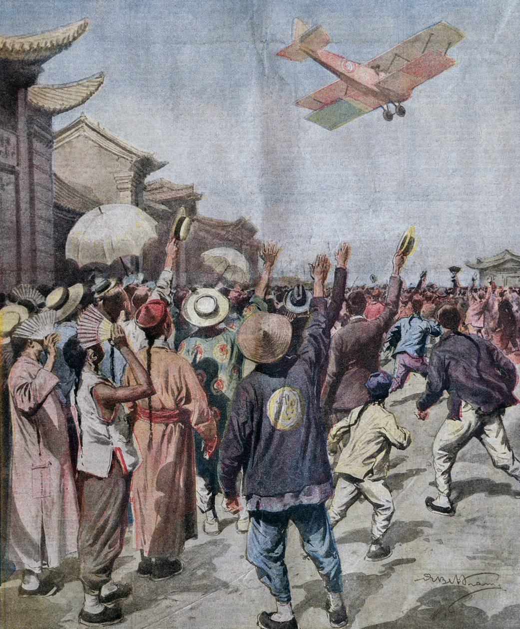 ローマ・東京間の空襲に参加したアルトゥーロ・フェラーリン中尉が上海の空に現れたイラスト（Achille Beltrameによる「La Domenica del Corriere」5月16日号より 作： アキレ・ベルトラーメ