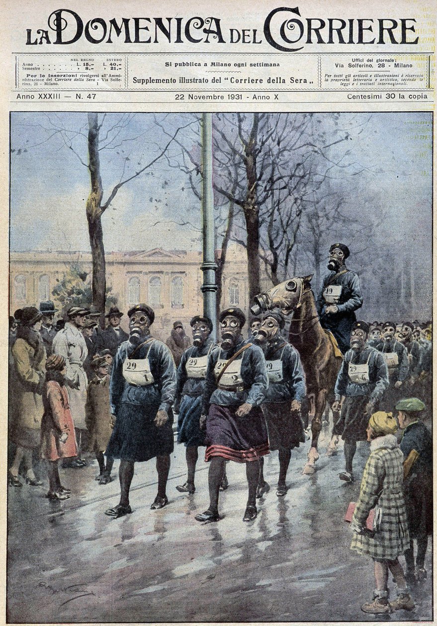 ワルシャワで行われたガスマスク使用のためのデモ行進 - 1931年11月22日付「la Domenica del Corriere」に掲載されたA.Beltrameの絵 作： アキレ・ベルトラーメ