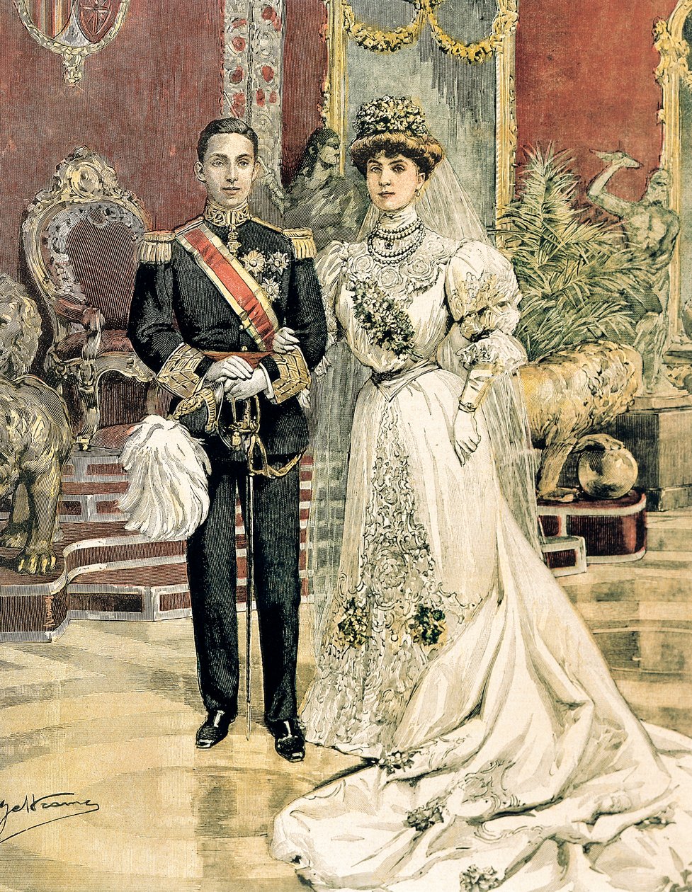 スペイン国王アルフォンソ13世とバッテンベルク王女エナの結婚、アキレ・ベルトラーメ（1871-1945）「ラ・ドメニカ・デル・コリエール」6月3日より 作： アキレ・ベルトラーメ