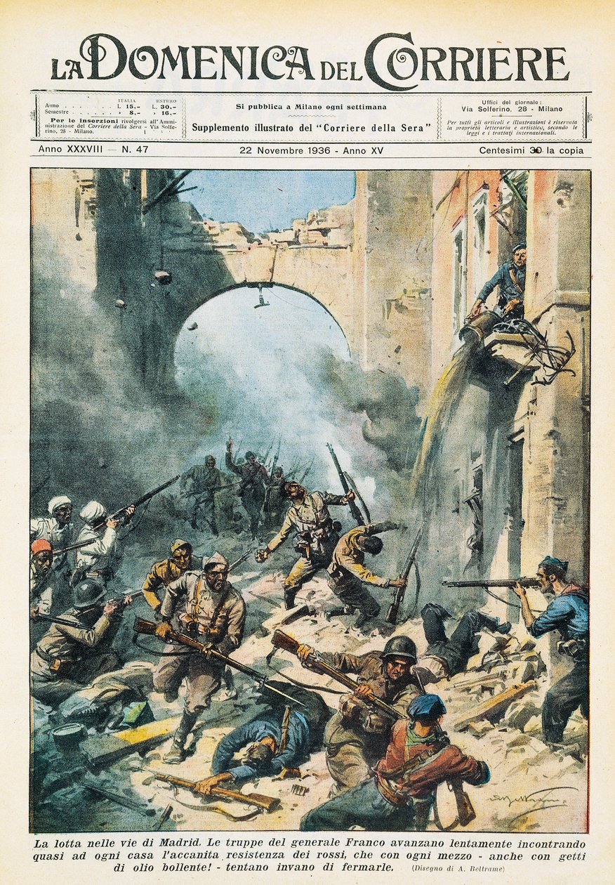 スペイン内戦中のマドリードの街での乱闘騒ぎ、Achille Beltrame（1871-1945）、11月22日のLa Domenica del Corriereより。 作： アキレ・ベルトラーメ