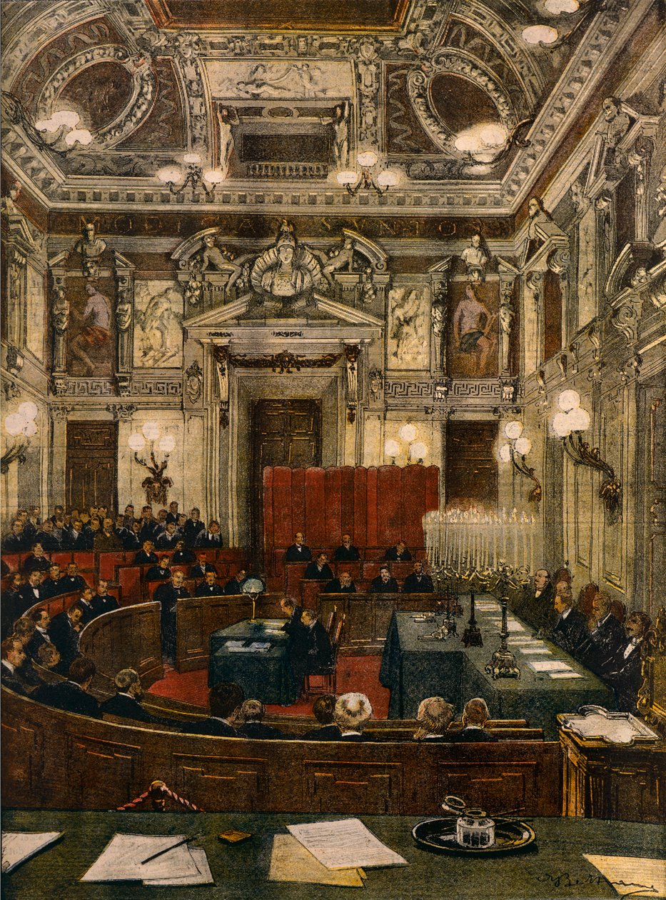 ミラノの新市議会の開会式（Achille Beltrame（1871-1945）作、「La Domenica del Corriere」より）。 作： アキレ・ベルトラーメ
