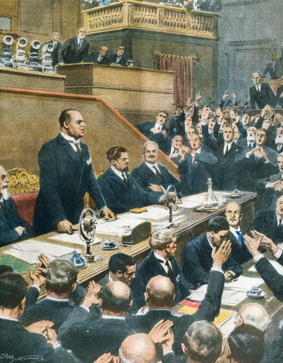 ムッソリーニ、上院で西欧4大国間の同盟締結を発表、Achille Beltrame（1871-1945）、La Domenica del Corriereより、6月7日。 作： アキレ・ベルトラーメ