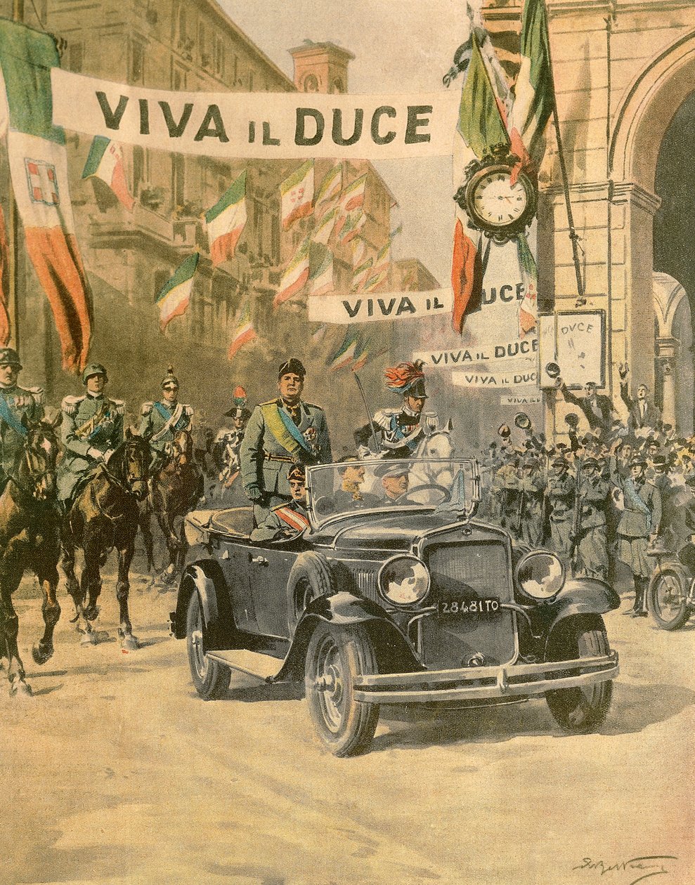 トリノに到着したムッソリーニ、Achille Beltrame（1871-1945）作、1932年10月発行の「La Domenica del Corriere」より。 作： アキレ・ベルトラーメ