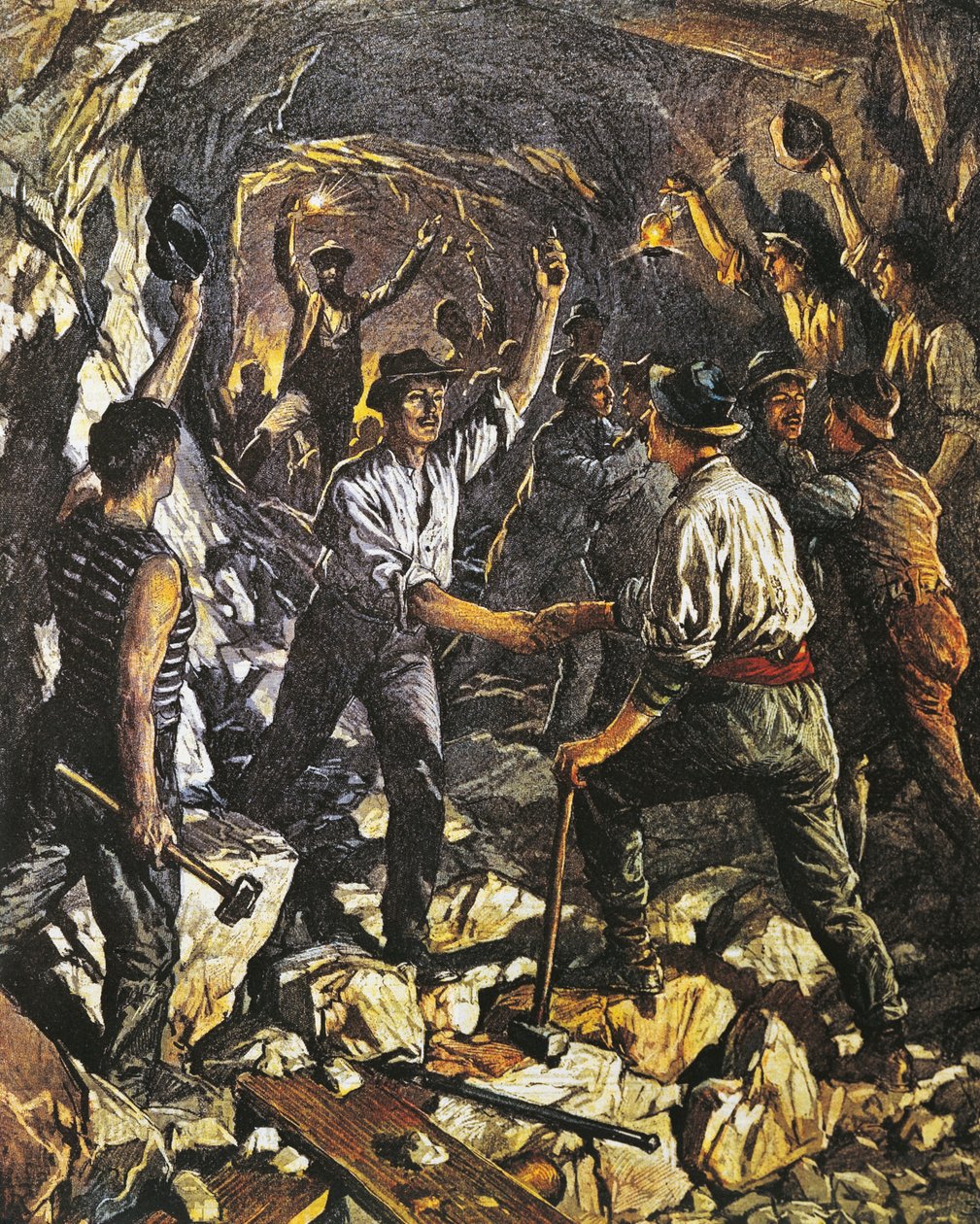 アローナとミーナを結ぶシンプロン鉄道トンネルの最初の区間の開通（Achille Beltrame（1871-1945）、1903年10月25日付「La Domenica del Corriere」より 作： アキレ・ベルトラーメ