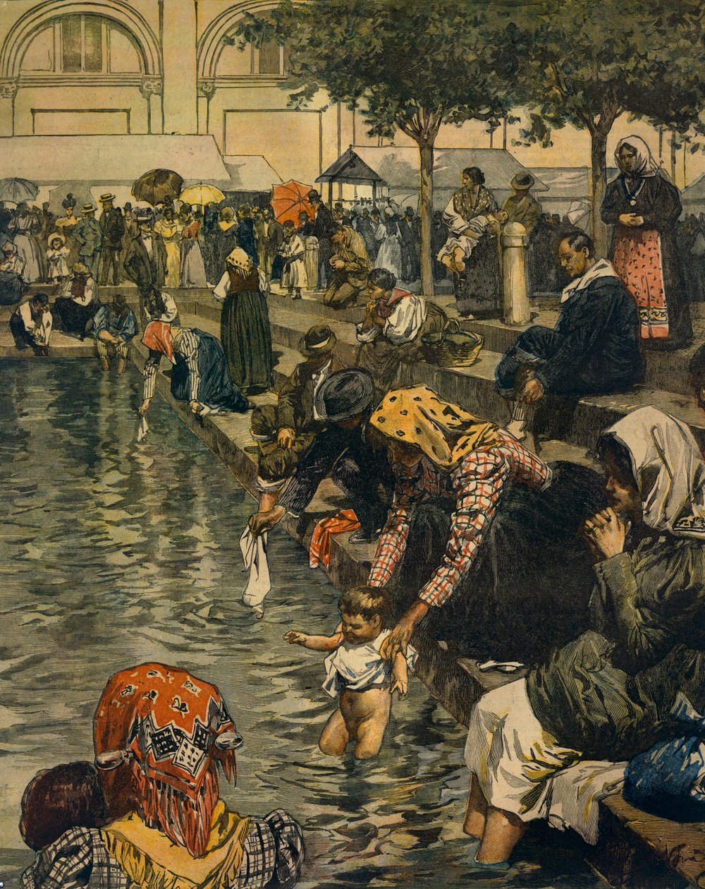 カラヴァッジオへの巡礼。奇跡の水を浴びる」アキレ・ベルトラメ（1871-1945）著、「ラ・ドメニカ・デル・コリエール」より 作： アキレ・ベルトラーメ