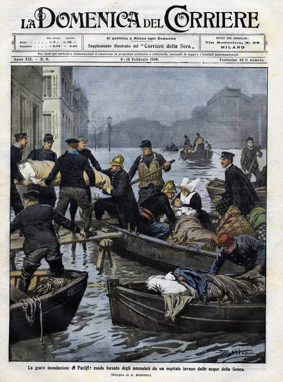 1910年2月の洪水時にパリで行われた病人の救出。domenica del corriere "の表紙。1910年2月13日 イラスト：Achille Beltrame 作： アキレ・ベルトラーメ