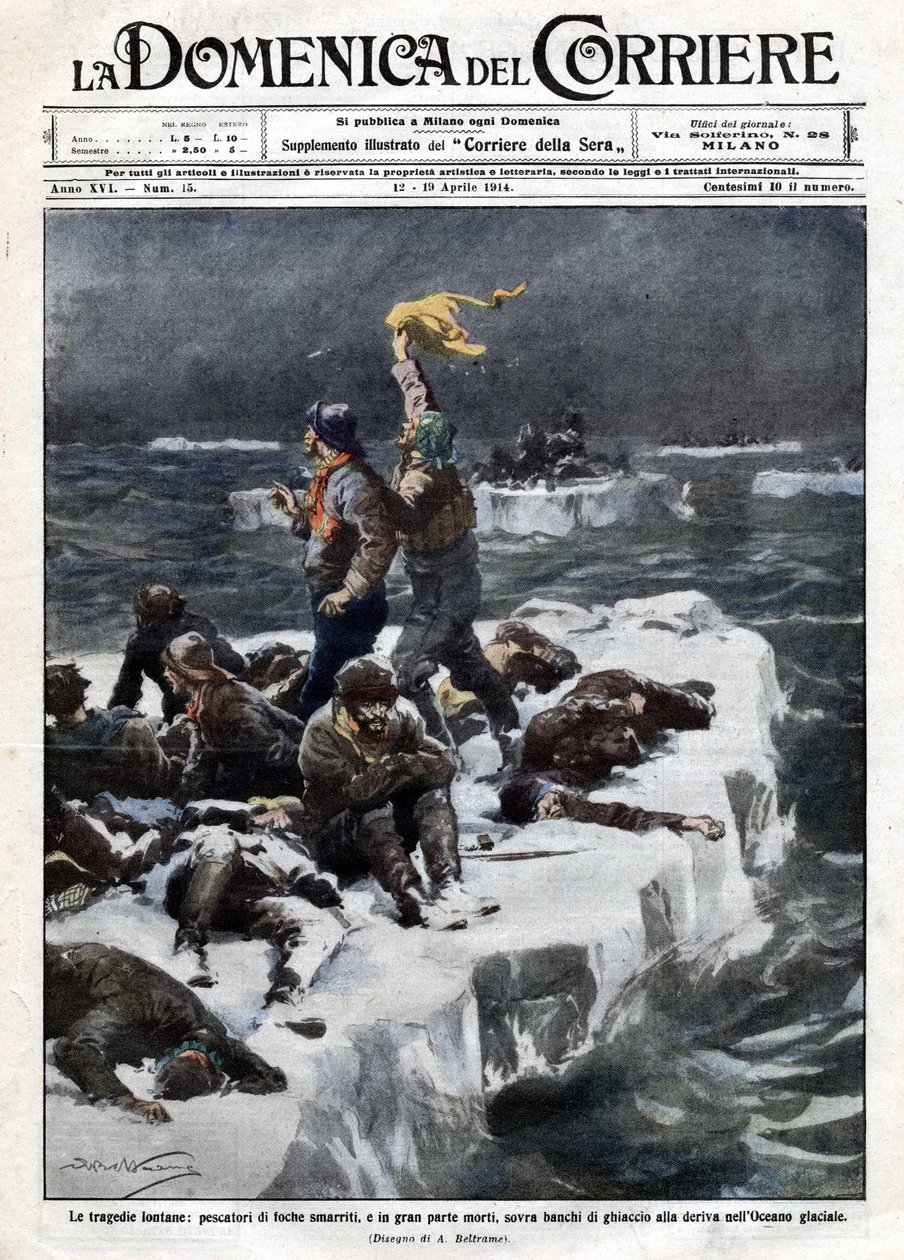 アザラシ漁師の中には死亡した者もいて、海の流氷の上に取り残されたままだった。Ill.de Beltrame."La Domenica del corriere".12-19/04/1914. 作： アキレ・ベルトラーメ
