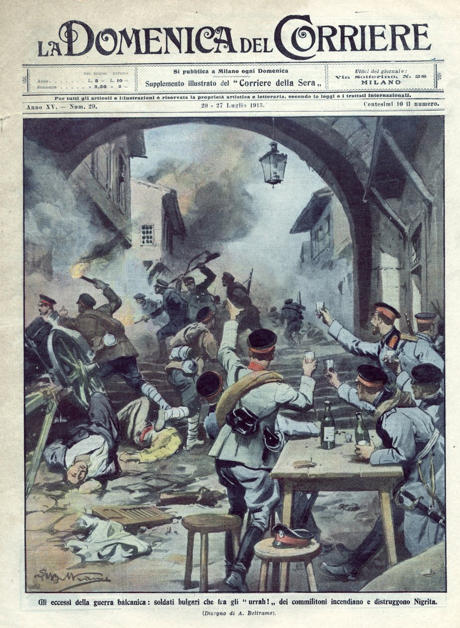 ブルガリアとギリシャ、トルコとの間で第二次バルカン戦争（1913年）が勃発。ブルガリア兵がギリシャのニグリタに火を放ち、破壊する。ラ・ドメニカ・デル・コリエール07/1913.Beltrameのイラスト。 作： アキレ・ベルトラーメ