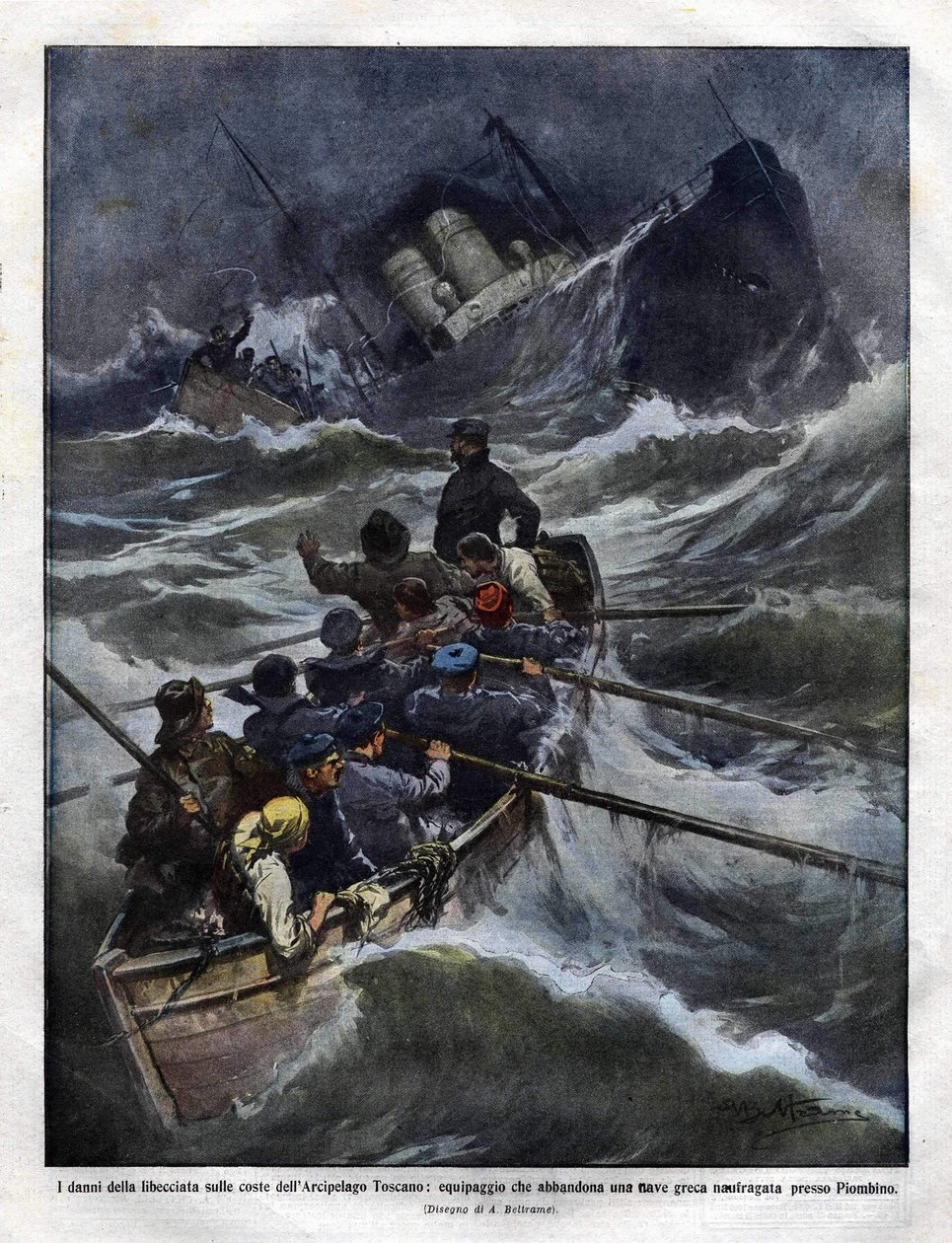 1910年、トスカーナ沖でのイタリア船の沈没（イラスト：Achilles Beltrame 作： アキレ・ベルトラーメ