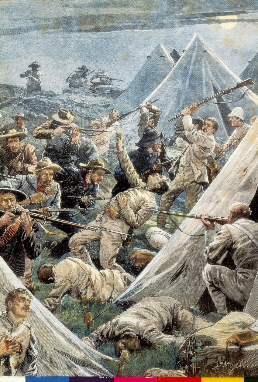 南アフリカ共和国第二次ボーア戦争。トゥイーフォンテンのイギリス軍キャンプへの攻撃（1902年）。Achille Beltrameによるイラスト。エングレーヴィング。 作： アキレ・ベルトラーメ