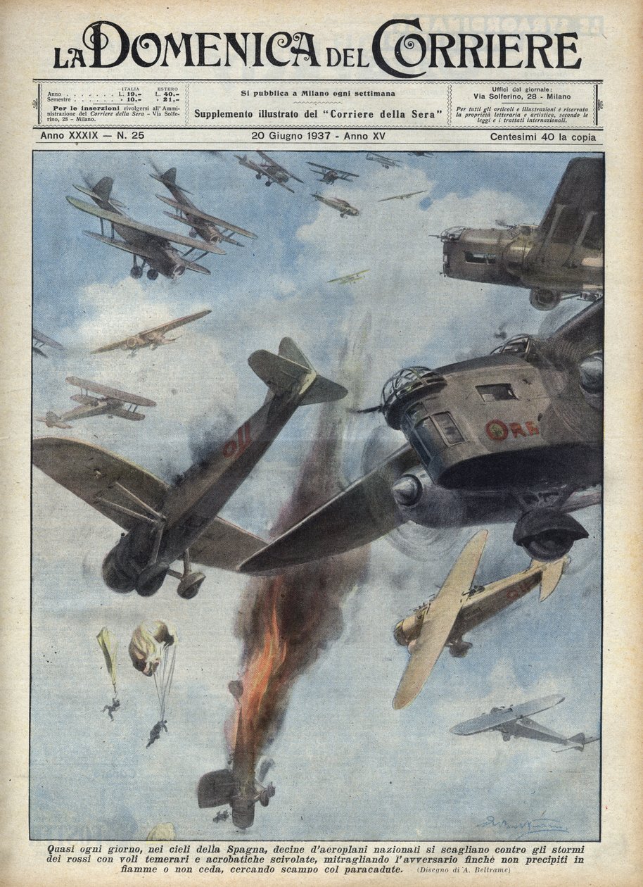 スペイン内戦：戦争中のスペイン上空での共和派と民族派の飛行機の衝突。1937年6月20日の "La domenica del Corriere "に掲載されたAchille Beltrameのイラスト。 作： アキレ・ベルトラーメ