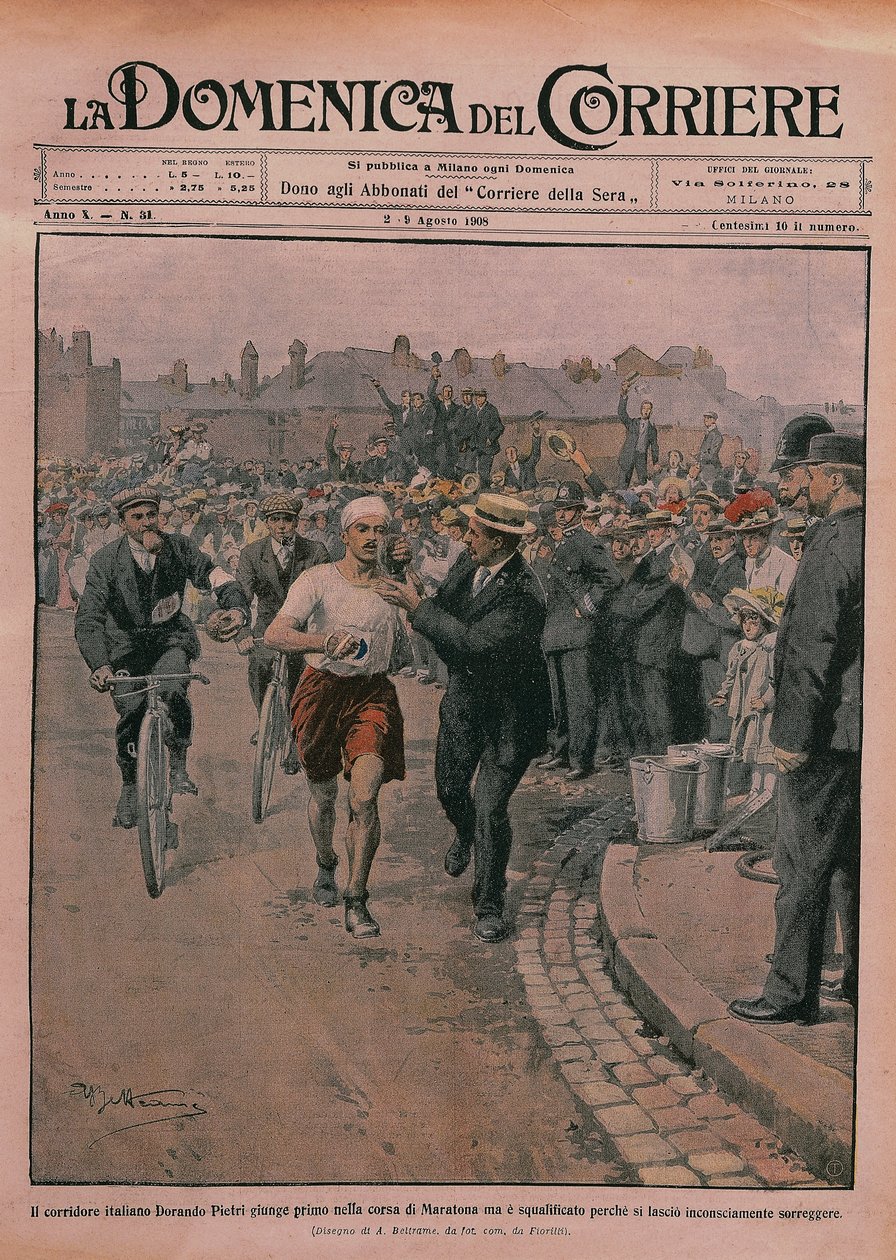 1908年のオリンピック、「La Domenica del Corriere」1908年版の表紙（カラーリトグラフ 作： アキレ・ベルトラーメ