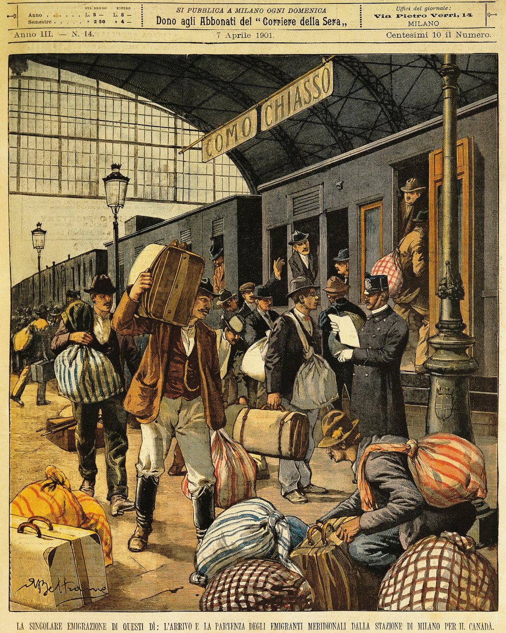 1901年4月7日付のLa Domenica del Corriere紙に掲載されたAchille Beltrame（1871-1945）の「The Great Emigration: arrivals and departes of Southern Italian emigrants to Canada」。 作： アキレ・ベルトラーメ