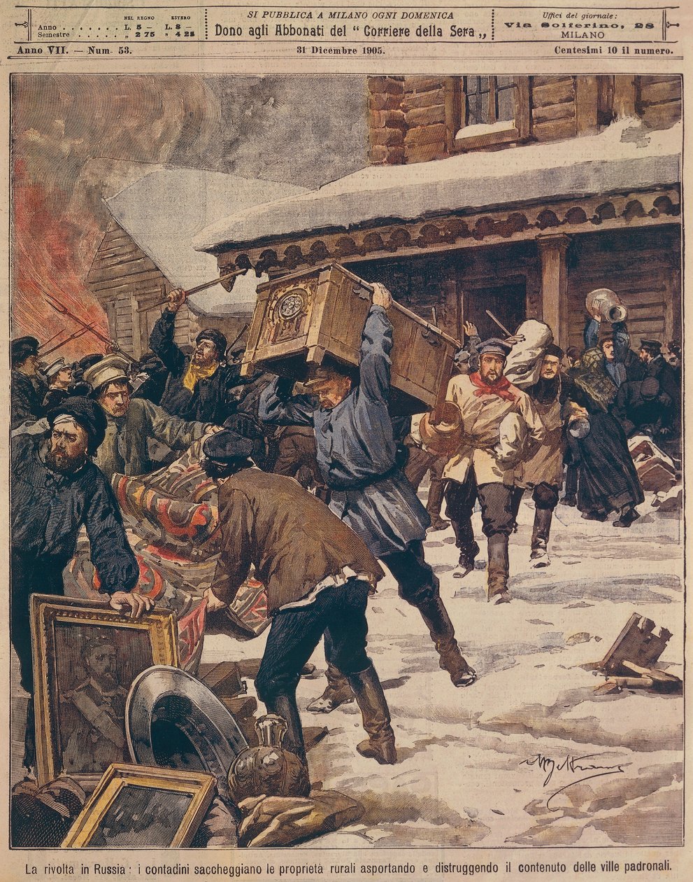 ロシア革命の様子。農民が農村の富裕層の財産を略奪している様子（Achille Beltrame（1871-1945）著、『La Domenica del Corriere』1905年12月号より 作： アキレ・ベルトラーメ