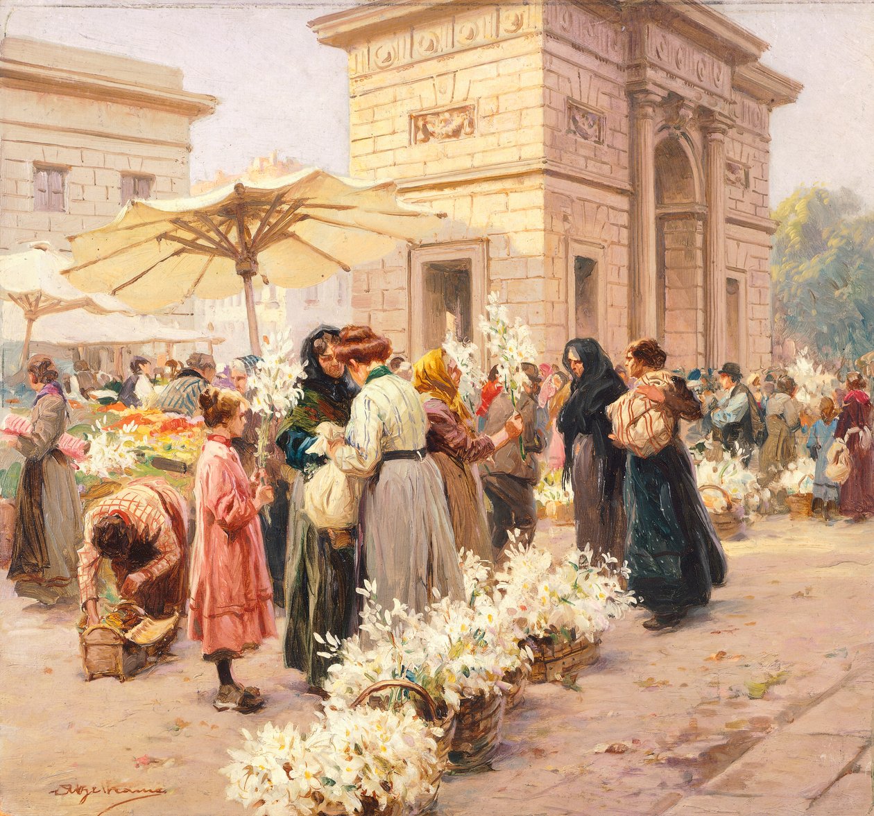 ミラノのポルタ・ガリバルディの百合市場（Achille Beltrame（1871-1945）作、『La Domenica del Corriere』より、イタリア 20世紀 作： アキレ・ベルトラーメ
